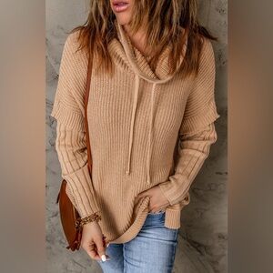 Drawstring Cowl Neck Side Slit Tunic Sweater